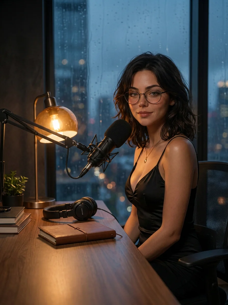 Luna waiting beside her microphone in a rainy high-rise room